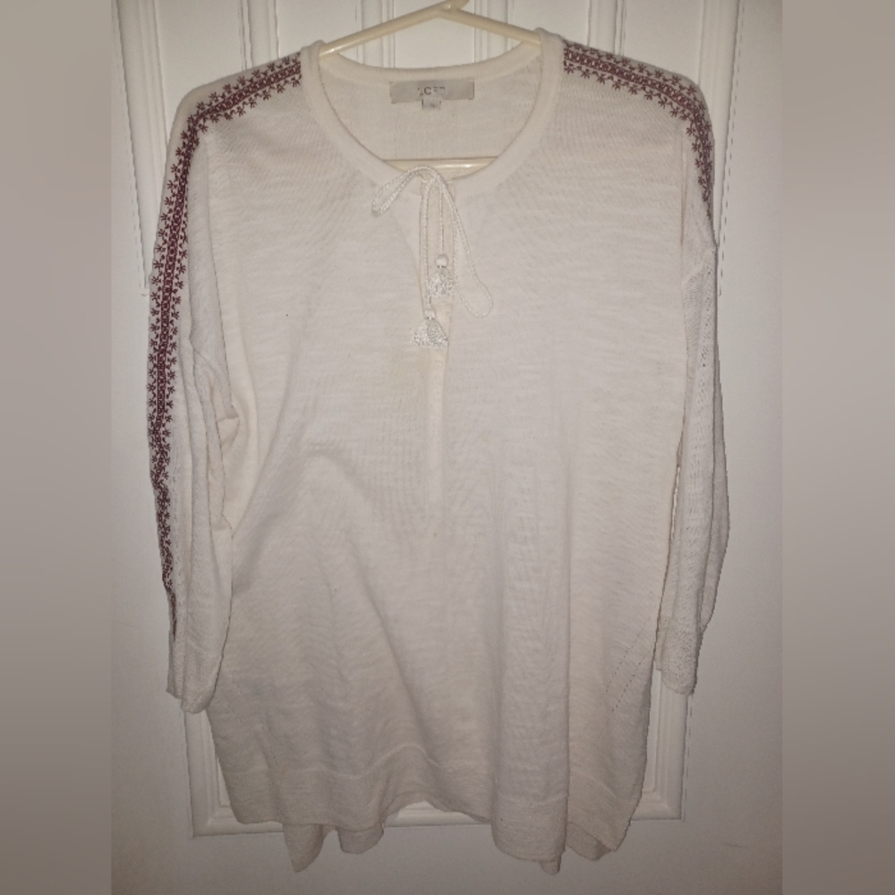 Loft Womens Shirt Ivory Large Knit Embroidered Trim Sleeves